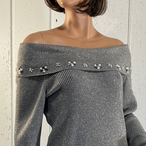 *Lauren Michelle Women’s Grey Off The Shoulder Sweater Sz L - Picture 6 of 13
